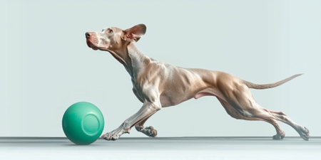 focused Weimaraner shows its determination jumping high catch green frisbee showcasing its shining short coat and energetic spirit. dog captured mid air plain backdrop.の素材