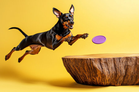 Doberman Pinscher soars air eyeing purple frisbee focus and determination. sleek dog contrasted simple pastel yellow backdrop showcasing its agility.の素材