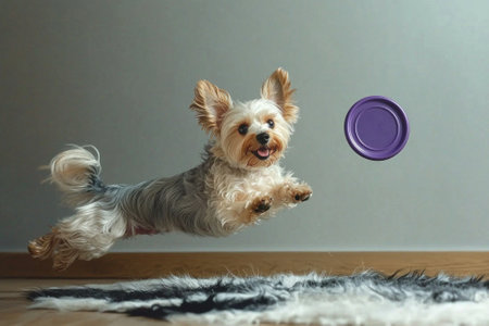 playful Havanese dog jumps air catch purple frisbee its silky coat flowing beautifully. cheerful expression and clean lighting enhance joyful moment.の素材