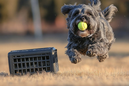 Briard mid leap its shaggy coat flies tennis ball open meadow dusk. Paws stretch forward capturing moment excitement and action.の素材