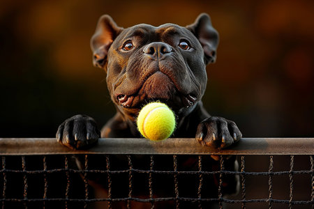 Cane Corso captured mid leap vibrant late afternoon glow focused intently tennis ball showcasing its powerful build and sleek coat softly blurred background.の素材