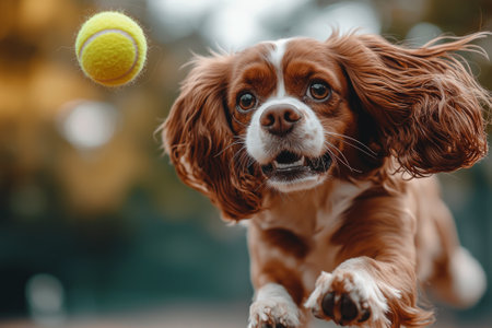 Cavalier King Charles Spaniel soars air its silky ears flapping. focused gaze it aims bright tennis ball surrounded softly blurred pastel flowers.の素材