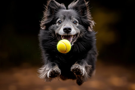 Finnish Lapphund thick double coat leaps air bright yellow tennis ball. midday sun illuminates open field as dog smiles.の素材
