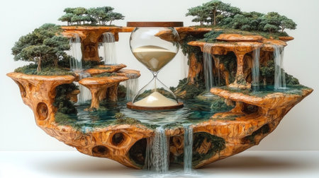 hourglass stands tall fantastical landscape where flowing sand morphs vibrant miniature island paradise. Waterfalls cascade amidst lush greenery creating serene atmosphere.の素材