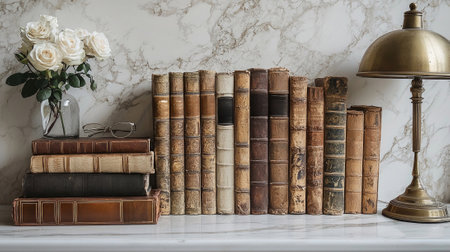 collection classic hardcover books neatly stacked vintage brass lamp leather bound journal and white rose highlighting refined aesthetic.の素材