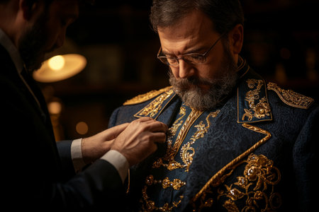 Over shoulder view captures Muslim tailor carefully adjusting thobe featuring intricate golden embroidery in bright workshop. preparation reflects spirit of Eid al Fitr.の素材