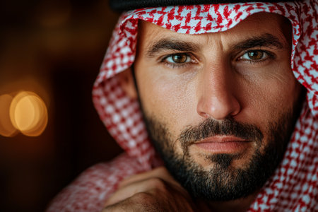 man stands in front of mirror adjusting his ghutra and black agal. He is focused and readying himself for Friday prayer reflecting his cultural traditions.の素材