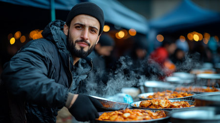Volunteers gather outdoors during Ramadan provide steaming plates of food those in need. iftar event showcases community support and shared values among Muslims.の素材