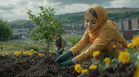 Families and children come together plant trees in open field promoting environmental sustainability while celebrating Eid al Fitr through community service and teamwork.の素材