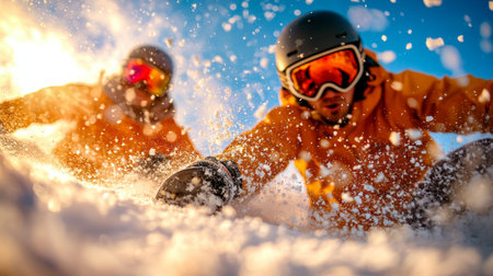 Asian snowboarder executes dynamic mid air jump on snowy slope showcasing athleticism and resilience as powder flies around against bright sky backdrop.の素材