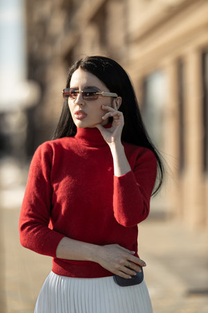 In a bustling urban area, a girl wearing glasses stands confidently in a red sweater She holds a small purse while enjoying the sunny weather and fashionable surroundingsの写真素材