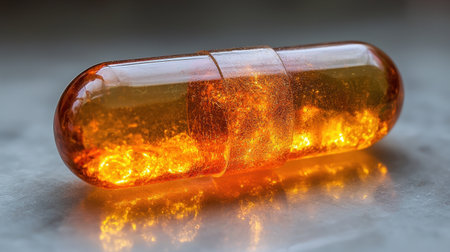 Magnified view of single transparent vitamin capsule reveals shimmering golden liquid core glimmers ambient light, highlighting its richness and purityの素材