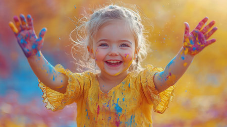 young child joyfully splashes bright colors onto paper hands while giggling in sunny outdoor space surrounding area bursts colorful paint, embodying creativity and freedomの素材
