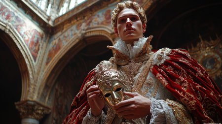 In opulent Baroque setting, king in gold embroidered coat pulls off elaborate mask while attending masquerade ball, expressing deep mix of defiance and sorrowの素材