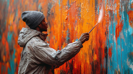 street artist skillfully sprays neon paint onto large wall, their hands in motion as colorful drips add lively mural in urban environmentの素材