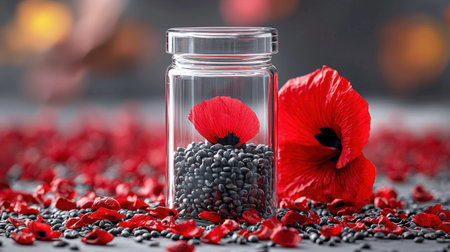 deep black poppy seeds fill clear jar, while vibrant red poppy petal rests alongside on pure white surface, creating striking visual contrast and captivating arrangementの素材