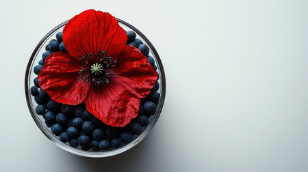 deep black poppy seeds fill transparent jar, accented single vibrant red poppy petal, creating striking visual contrast against pure white backgroundの素材