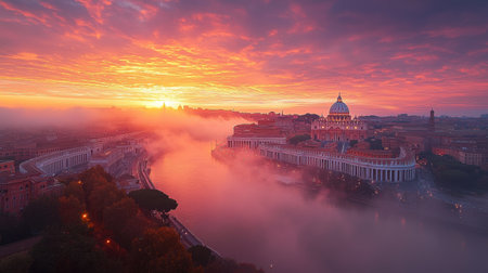 golden sunrise illuminates st peters basilica in vatican city soft pastel sky hues majestic colonnades of st peters square reveal sense of divine beauty and tranquilityの素材