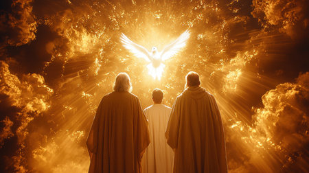 majestic representation of God Father, Jesus Christ, and Holy Spirit as dove, enveloped in golden light and clouds, symbolizing connection and divinityの素材