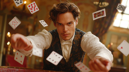 in dimly lit backstage area, magician focuses intently on card tricks, flipping playing cards bright overhead lightsの素材