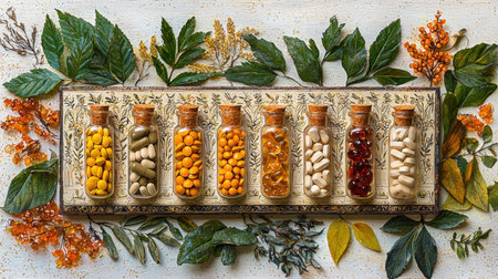 Vitamin capsules are elegantly arranged in ornate Art Nouveau frame surrounded hand painted botanical illustrations, creating vintage apothecary atmosphere full of charm and detailの素材
