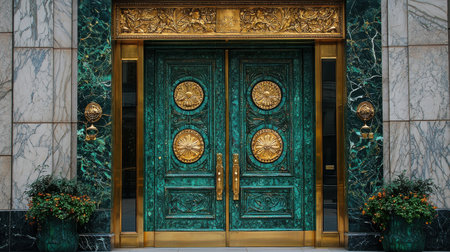richly decorated double door features intricate golden floral inlays set within ornate marble entrance, representing exceptional luxury and architectural brillianceの素材