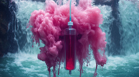 transparent IV bag filled deep crimson liquid performs swirling dance alongside bubbling water captivating display symbolizes passion and romance in serene environmentの素材