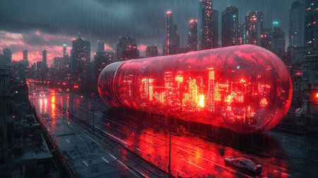 colossal translucent vitamin capsule reveals miniature futuristic city filled neon lights surreal landscape highlights hidden micro health benefitsの素材