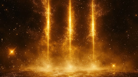 Three distinct beams of radiant light converge into one, creating harmonious representation of divine unity Ethereal colors and glowing effects enhance heavenly atmosphereの素材