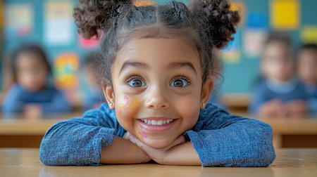 children in lively classroom engage in creative painting activity using bright colors their hands and aprons are covered in paint as they explore their artistic expressionの素材