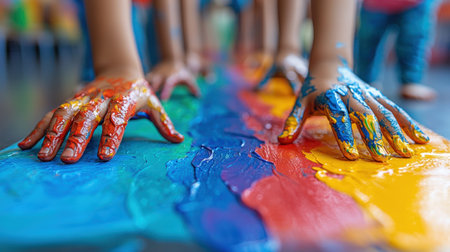 in vibrant classroom setting, children joyfully explore their creativity painting on paper their hands bright colors fill space, reflecting fun learning experienceの素材