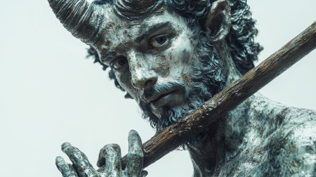 satyr short horns and goat like features plays wooden flute, embodying mischief and wilderness His untamed hair and fur enhance mystical aura in pure white backdropの素材