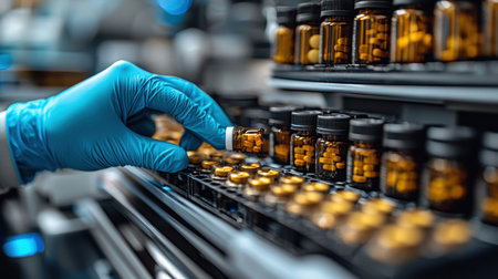 pharmacist wearing sterile gloves counts prescription pills precision using digital dispensing tray in clean, clinical pharmacy environmentの素材