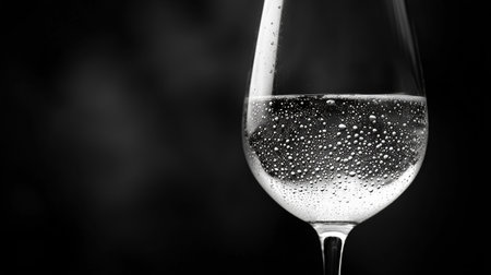 wine glass filled clear liquid showcases delicate condensation droplets on its surface, reflecting sense of cool freshness and refined elegance in minimalist black and white aestheticの素材
