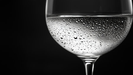 stunning composition features close up view of wine glass, highlighted intricate droplets of condensation black and white tones enhance sense of sophistication and coolnessの素材