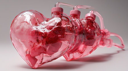 heart shaped transparent IV bag showcases its soft pink fluid, glowing warmly artistic piece symbolizes love and affection, enhancing emotional atmosphere of settingの素材