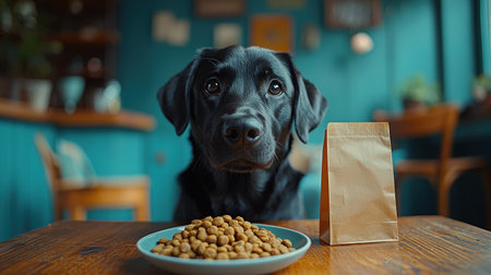 robust black labrador eagerly devours organic grain free kibble from bowl while eco friendly bag stands beside it in warm, inviting space filled rustic decorの素材