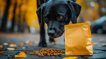 strong and healthy black labrador examines organic grain free kibble on path surrounded autumn leaves, eco friendly paper bag nearby, promoting sustainable pet food brandの素材