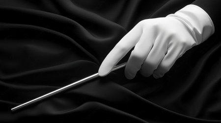 pristine white gloves are gently folded beside polished silver wand, both resting on smooth black silk Soft illumination enhances elegance of minimalist displayの素材