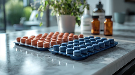 clean arrangement of pill organizers filled vibrant capsules is displayed on marble countertop, highlighting effective medication management in serene settingの素材