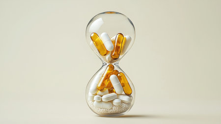 Golden and white vitamin capsules are thoughtfully arranged inside hourglass, representing connection between time management and maintaining good health in daily lifeの素材