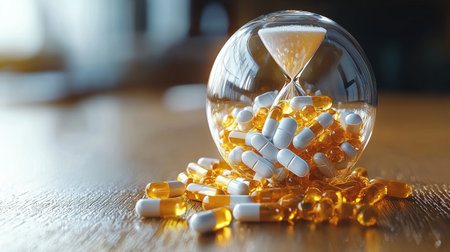 Golden and white vitamin capsules are arranged inside hourglass, emphasizing crucial relationship between time and maintaining overall health and wellnessの素材