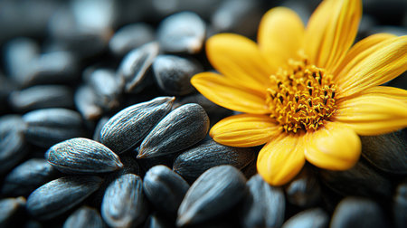 rich dark sunflower seeds are beautifully arranged, accompanied bright yellow petal, symbolizing potential for blooming advertisement captures their appeal and vitalityの素材