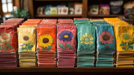 retail location features well organized seed display rows of colorful packets showcasing various plants each packet displays vivid image of its unique flower, attracting customersの素材