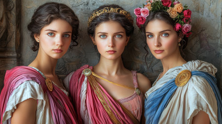 three regal figures represent parcae in flowing greco roman garments each holds tool of fate, their golden thread symbolizing destiny, set against classic white backdropの素材