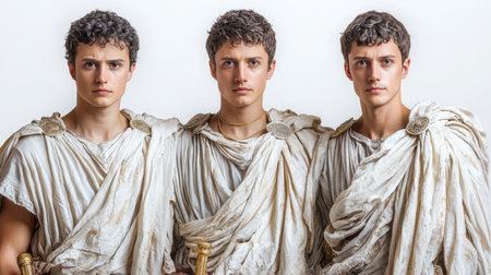 three parcae stand regally in flowing robes, each holding symbol of fate their expressions convey power over human destiny, highlighted golden thread connecting themの素材