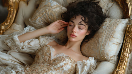 woman adorned in dazzling golden gown dramatically collapses onto fainting couch in luxurious rococo style setting she appears overwhelmed emotion, hand on her foreheadの素材