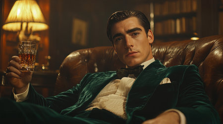 seated comfortably in vintage leather armchair, man in deep green velvet smoking jacket savors glass of aged whiskey warm lighting of library creates intimate atmosphereの素材