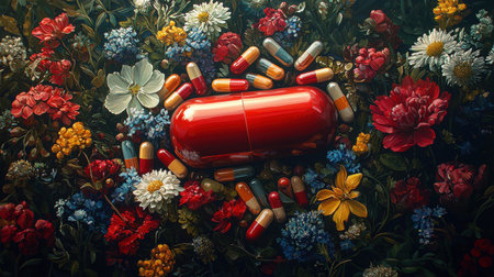 enchanting still life showcases vitamin capsules in ornate Art Nouveau frame, surrounded vintage botanical illustrations, evoking rich apothecary ambianceの素材
