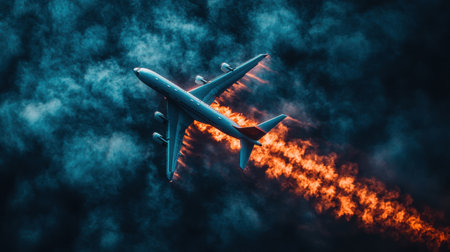 commercial airplane gracefully ascends through vibrant sky, showcasing colored airflow streaks around its wings illustrate lift and aerodynamic motion during flightの素材